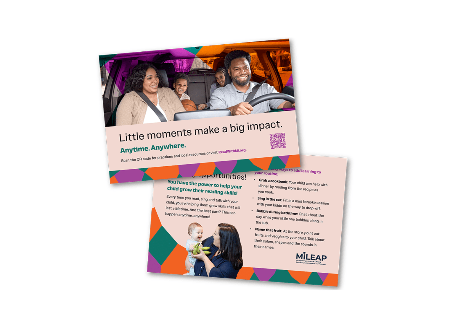 A mock up of two postcards for ReadWithMi campaign on a white background