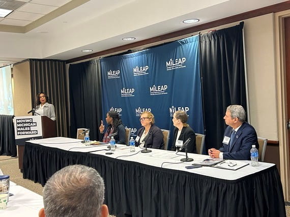 Left to right: Dr. Beverly Walker Griffea, MiLEAP director; Onjila Odeneal, CEO of Detroit Promise; Susan Corbin, LEO director, Krista Johnson, director of Workforce Development at LEO; and Dr. Steve Robinson, LCC president