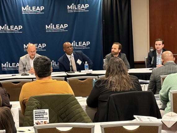 Left to right: Kevin Stotts, President of TalentFirst; Fred Hunter, CEO of Detroit PAL; Brian Calley, SBAM president; and Charlie Tyson, Technology Activation Director of Michigan's OFME