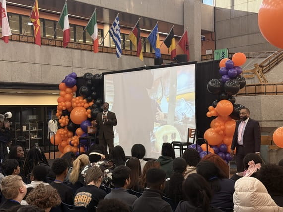Campus president and vice chancellor for Student Services, Dr. Brian M. Singleton, and associate vice chancellor of Student Services, Dr. Yusuf Sabree, welcome students to the WCCCD Curtis L. Ivery Downtown Campus