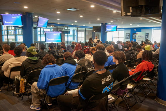 Students participate in a FAFSA breakout session, led by Theresa Cry, FAFSA Campaign Coordinator for the MI Student Aid team at MiLEAP.