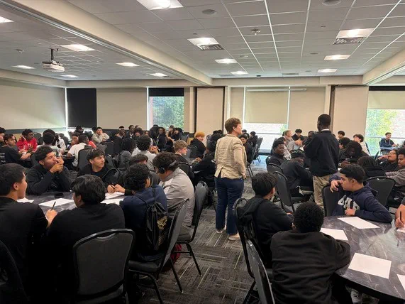 Students learn about PathwayU, a predictive life-design platform that helps them connect their interests, values and strengths with potential majors and career paths.