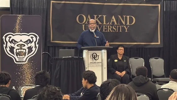 Jason Wilson, deputy director of Strategic Talent Preparation at MiLEAP speaks to students about their futures.