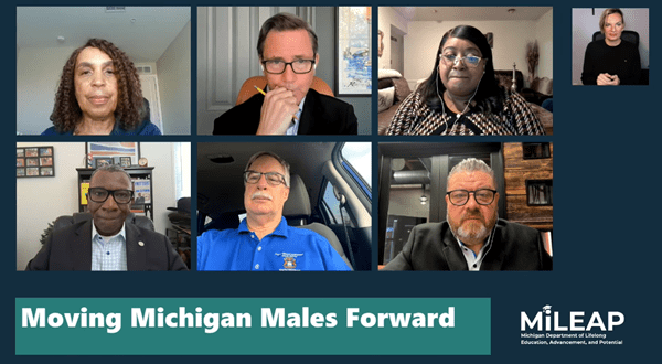 Screenshot of virtual conference for the Moving Michigan Males Forward report release conference