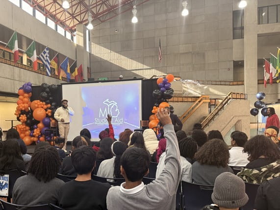 Students participate in a Q&A with Detroit rapper Sada Baby, sparking meaningful conversations about staying focused, planning for the future and navigating life after high school.