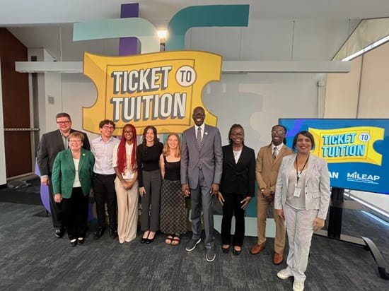 From left: Ryan Fewins-Bliss, Michigan College Access Network; Dr. Laurie Claybo, Wayne State University; Lukas Gojcaj, student winner; Lamya Robinson, student winner, Cadie Benedict, student winner, Graceful Tompkins, student winner; Lt. Gov. Garlin Gilchrist II; Ah'ja McCoy, student winner; Nathan Herbert, student winner and Dr. Beverly Walker-Griffea, Michigan Department of Lifelong Education, Advancement, and Potential