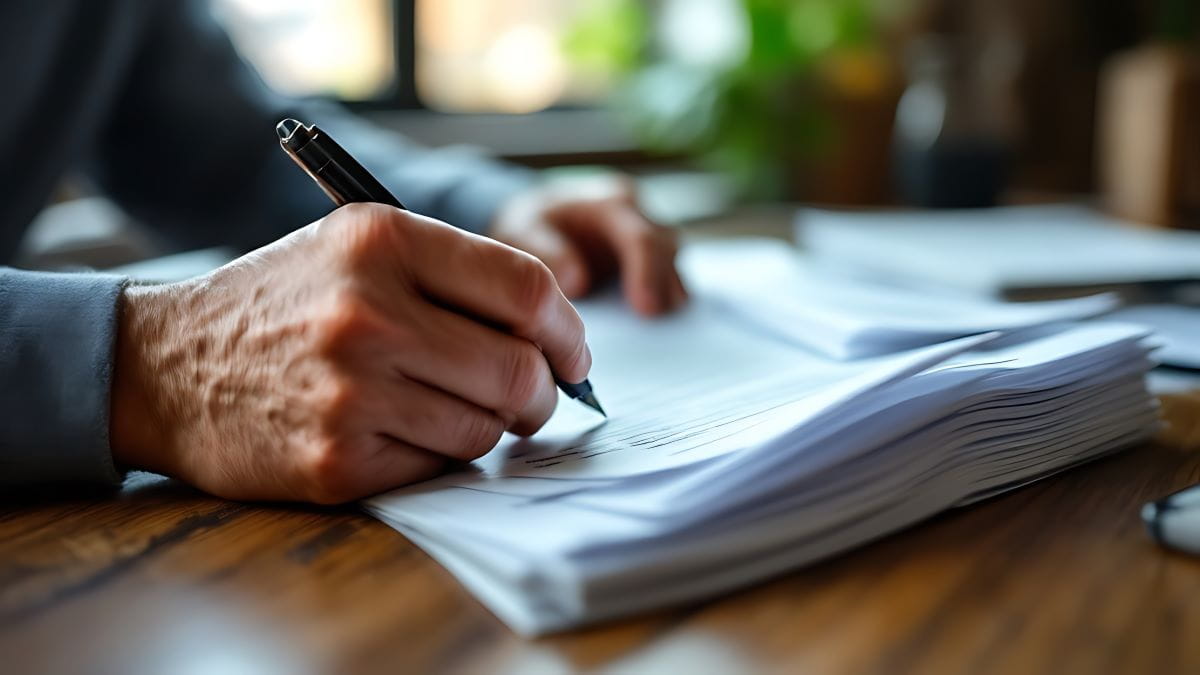 Man writing on a document at a table