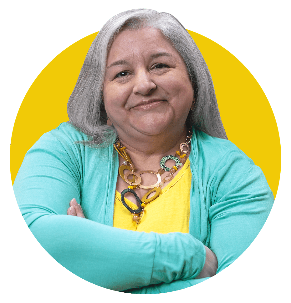 Smiling, confident older woman in-front of a yellow circle