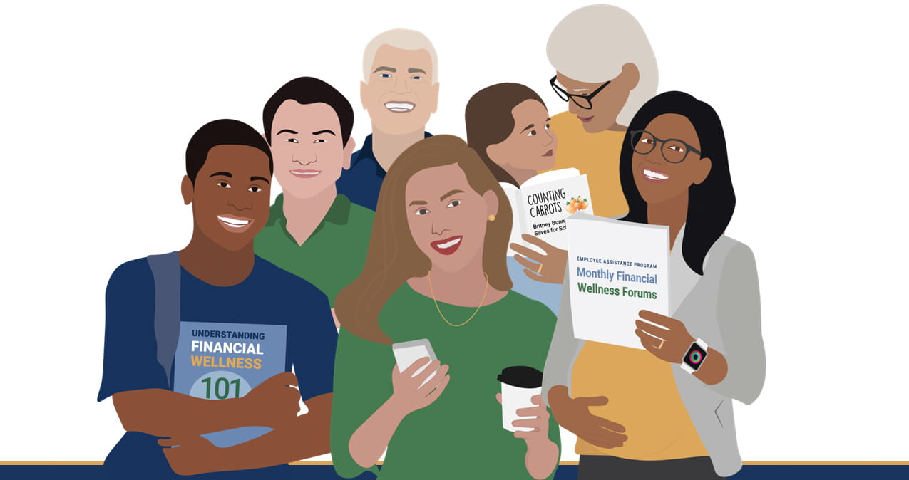 Illustration of a diverse group of adults smiling about financial empowerment.