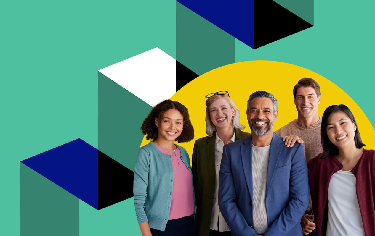 A diverse group of people, smiling and confident. 