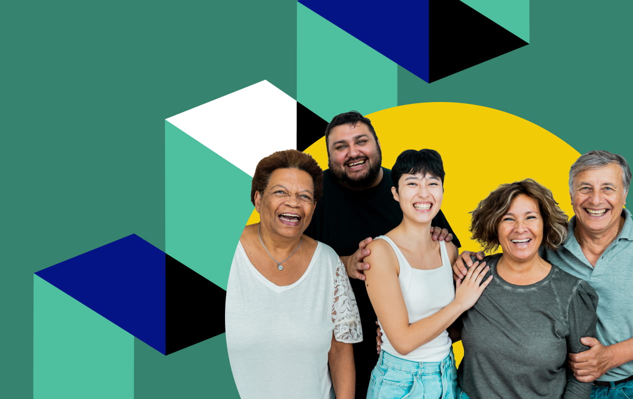 Smiling, happy group of diverse people on a colorful background