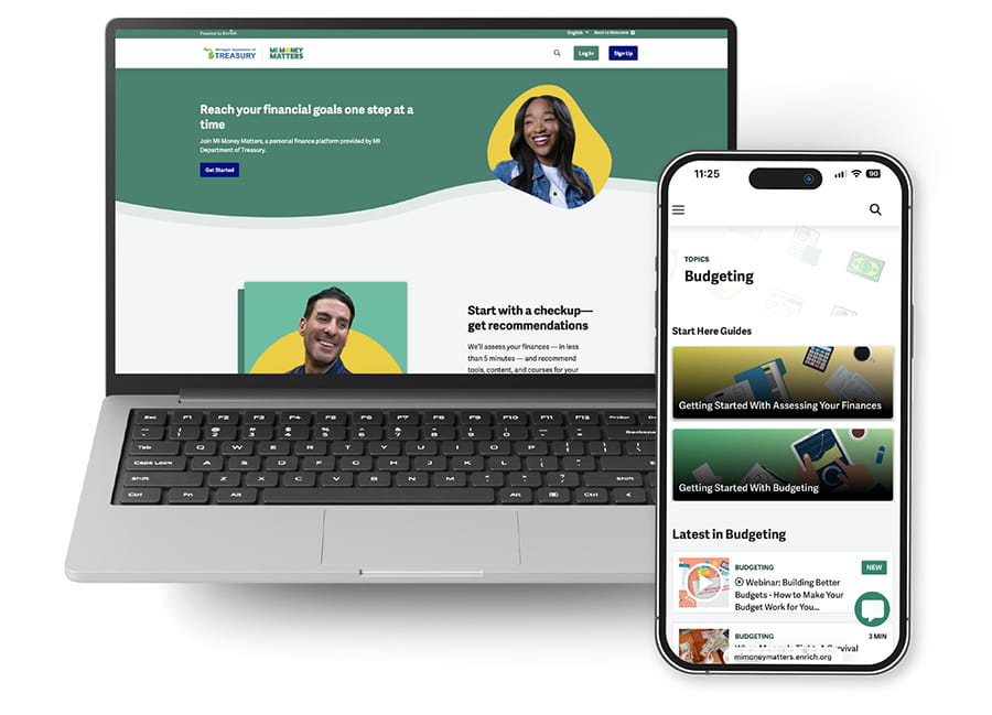 Photo of laptop and smartphone with the Mi Money Matters website pulled up