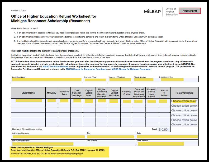 Refund Worksheet for the Michigan Reconnect Scholarship with all required fields highlighted to show which sections must be completed.