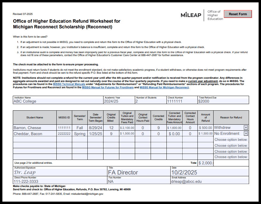 Refund Worksheet for the Michigan Reconnect Scholarship with all required fields highlighted to show which sections must be completed.