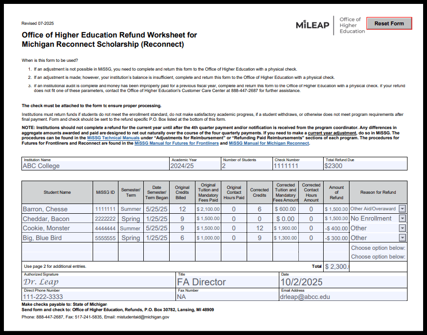 Refund Worksheet for the Michigan Reconnect Scholarship with all required fields highlighted to show which sections must be completed.
