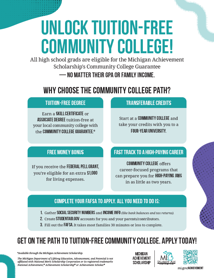 Michigan Achievement Scholarship Community College and FAFSA Completion Flyer