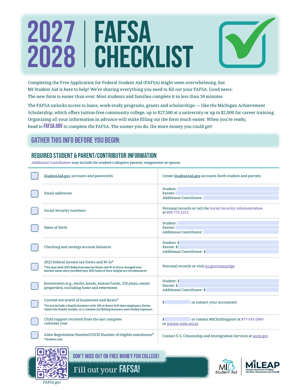 Thumbnail image of the FAFSA Checklist for 2027-28