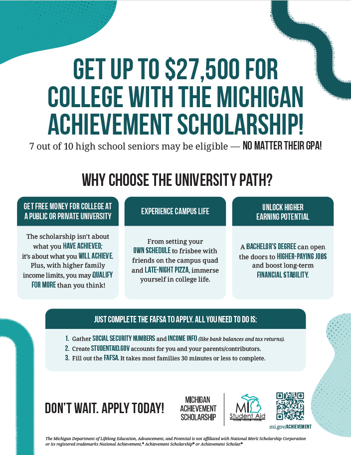 Michigan Achievement Scholarship Career Training and FAFSA Completion Flyer