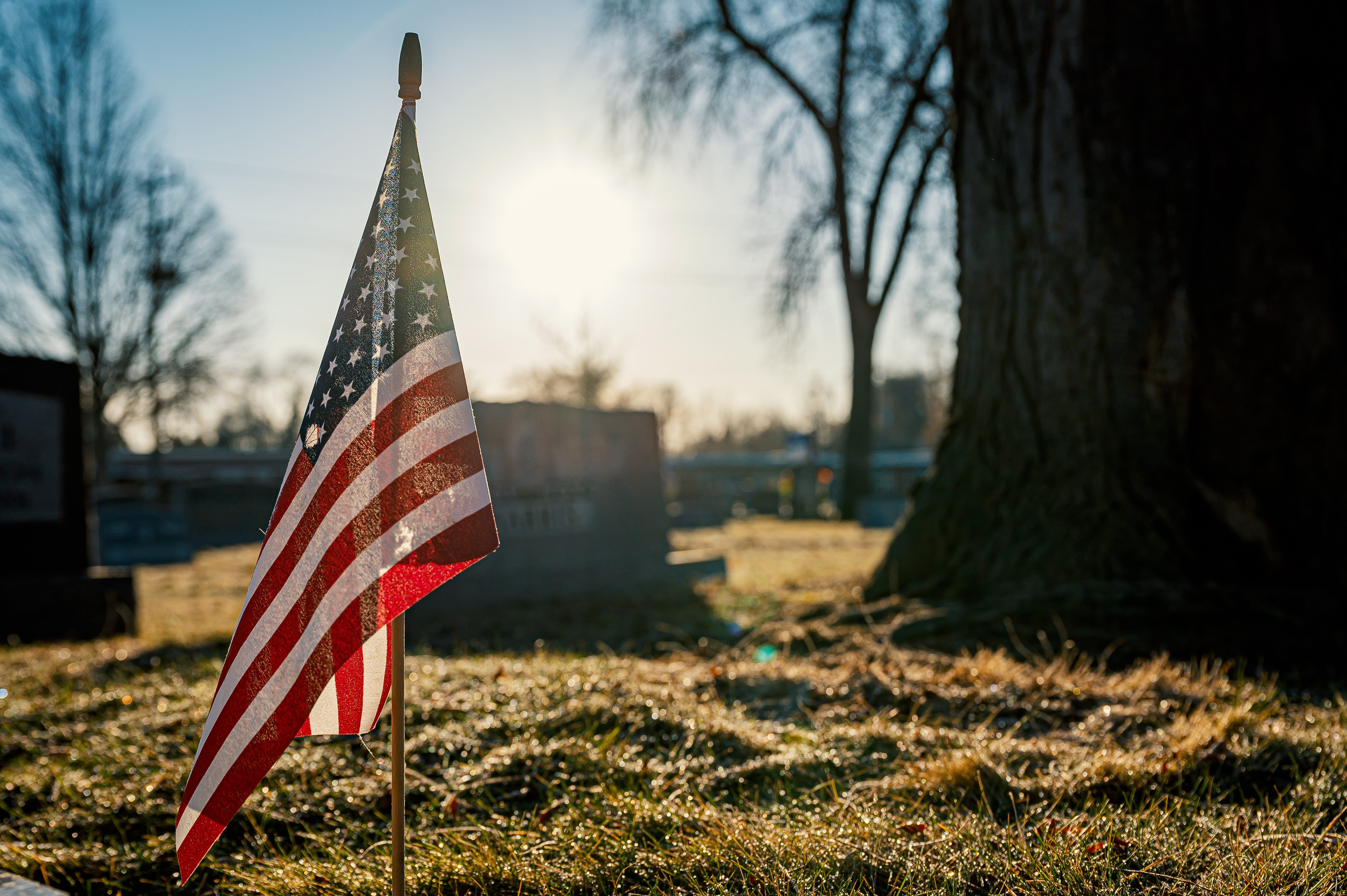 A photo of a flag at a cemetery.