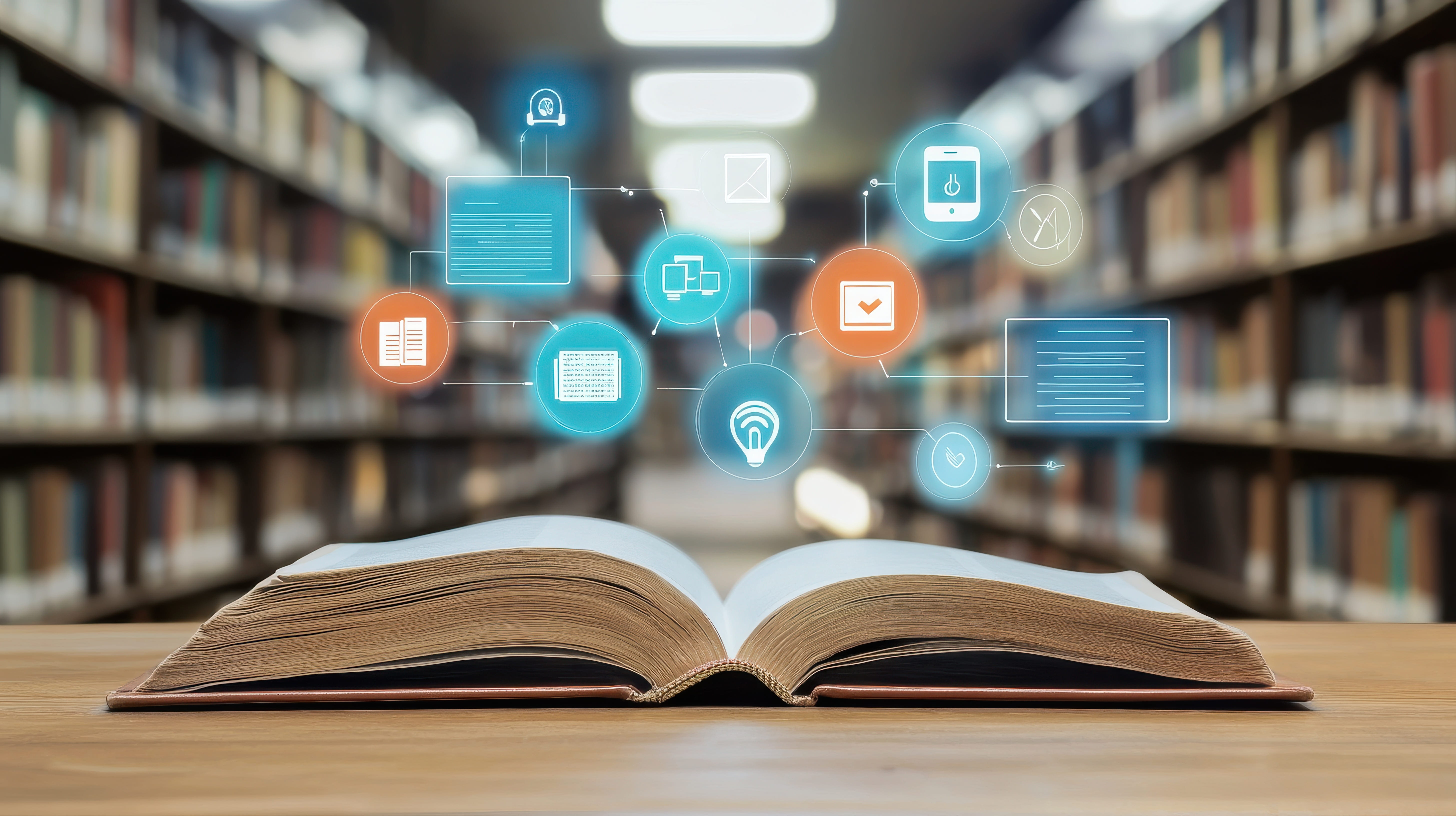 an open book on a table with digital icons floating above it representing website elements