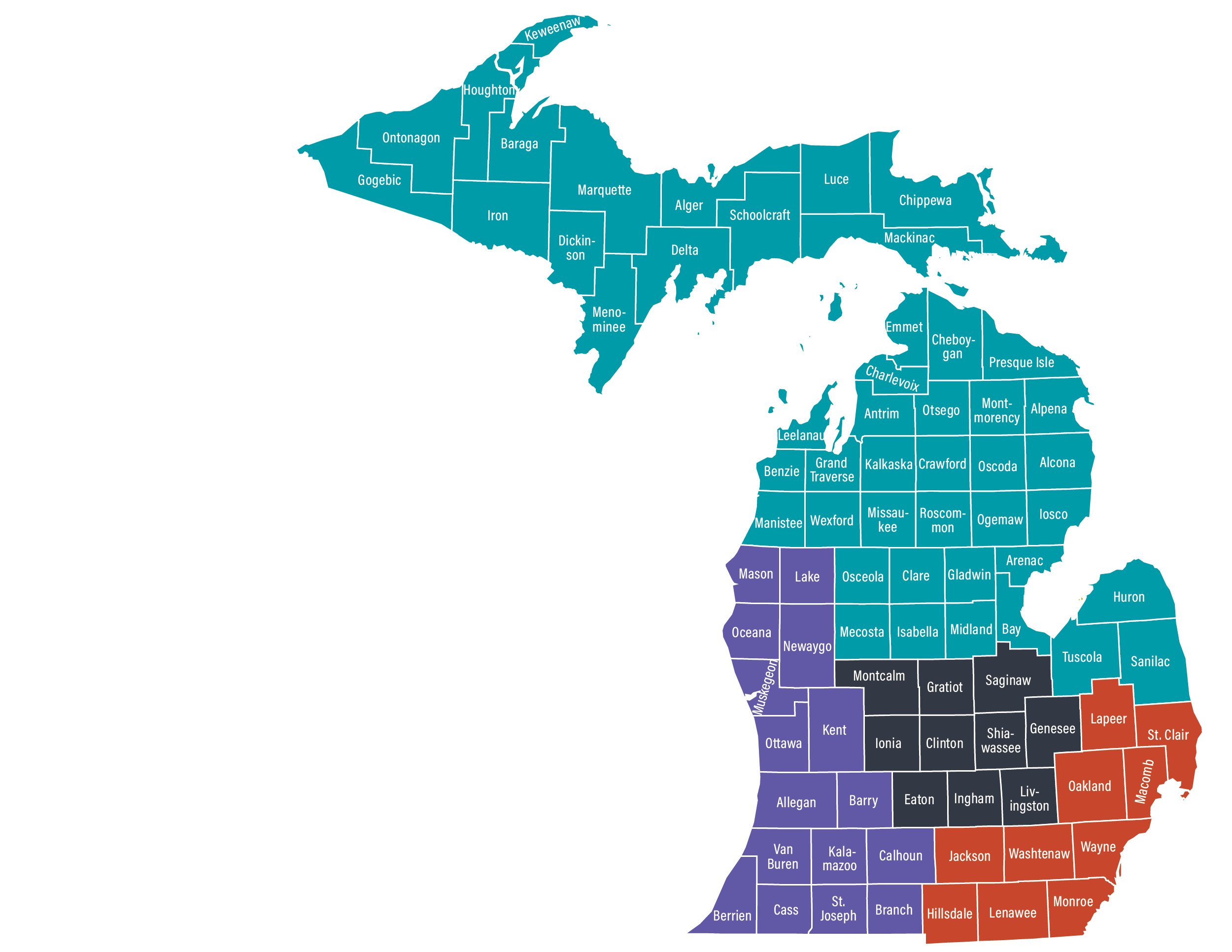 Map of outreach regions within Michigan by county