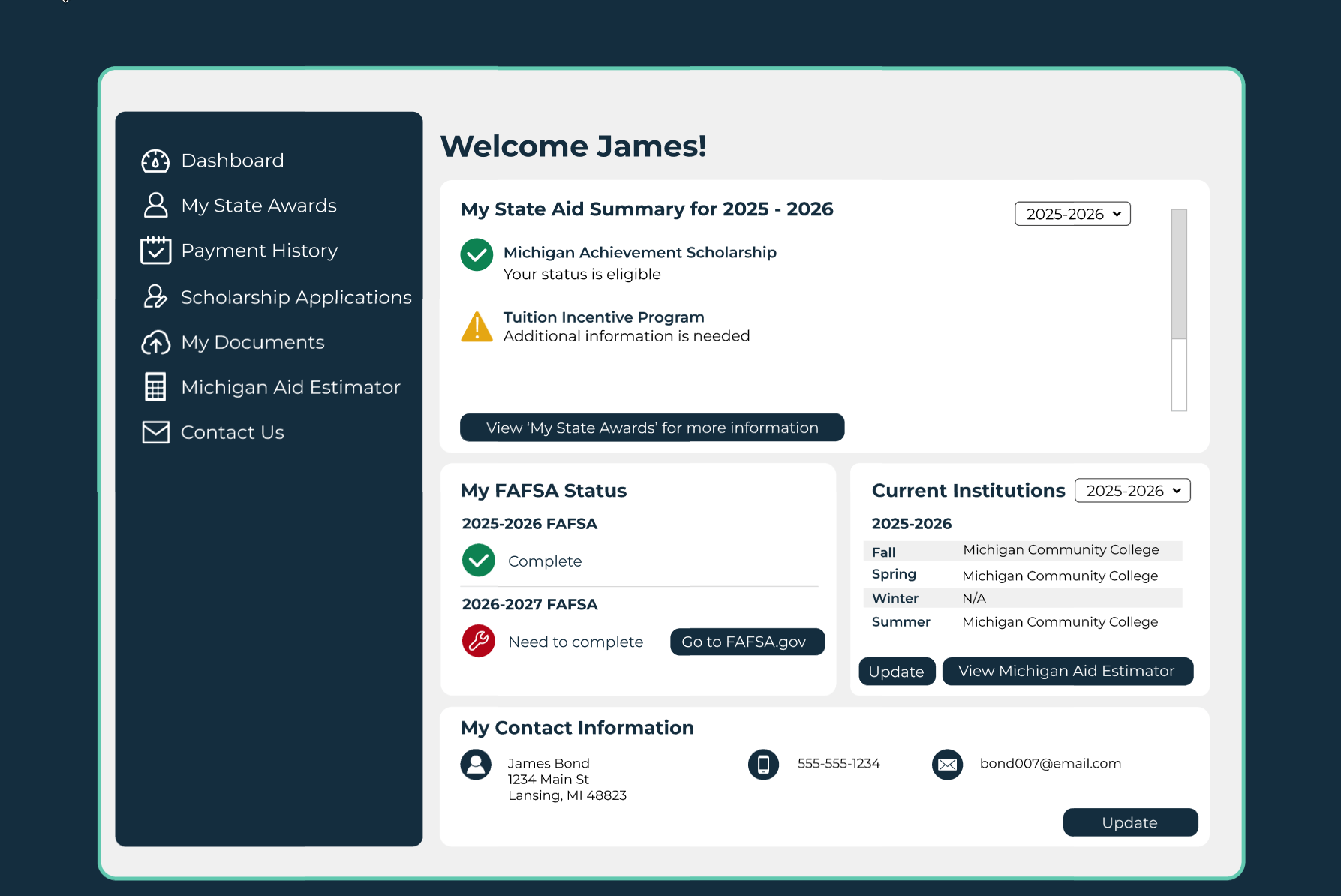 Dashboard screen with aid summary, FAFSA status, contact information and college information