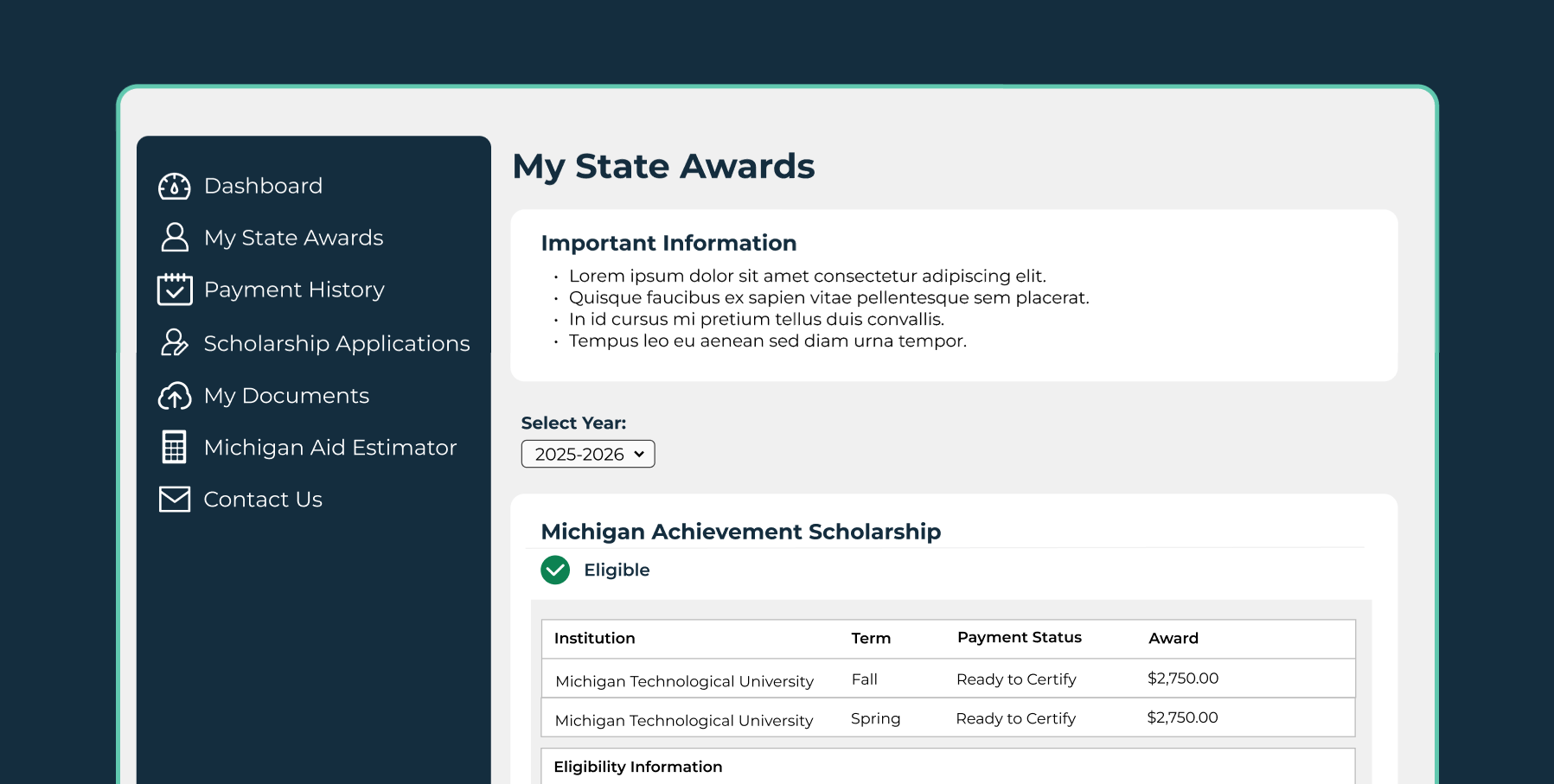 Screen called My State Awards with sample text and scholarship information