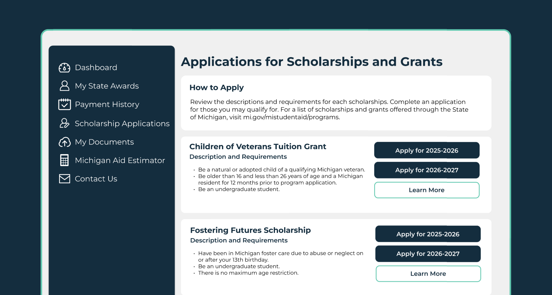 Image of screen with a list of scholarship applications