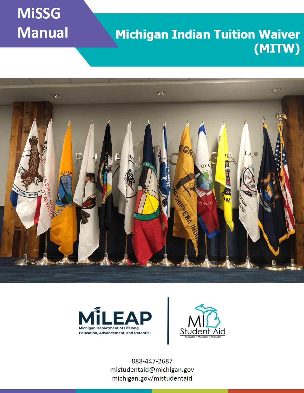 Cover image for MiSSG Manual Michigan Indian Tuition Waiver (MITW) with Flags from Michigan Tribal nations