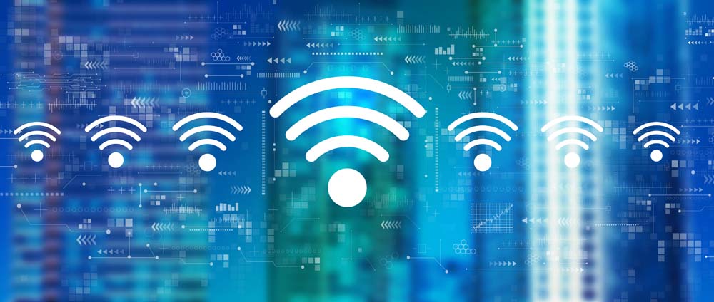 A series of WiFi icons, over a background of various technology-related symbols