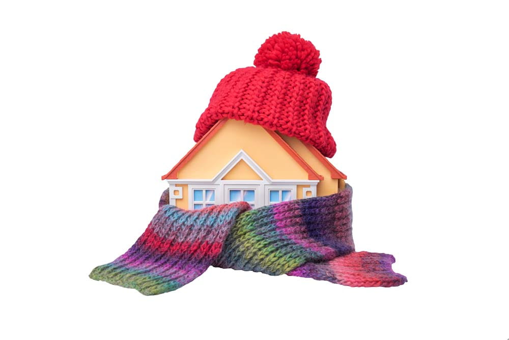 A graphic of a house wrapped in a scarf wearing a knit hat