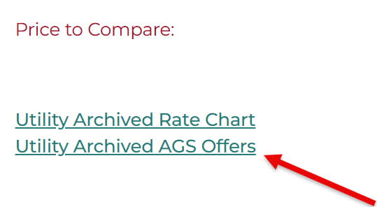 A screenshot of the CompareMiGas offers page with an arrow highlighting the Archived AGS offers link