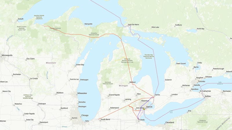 A map of pipelines used to carry Crude Oil throughout Michigan