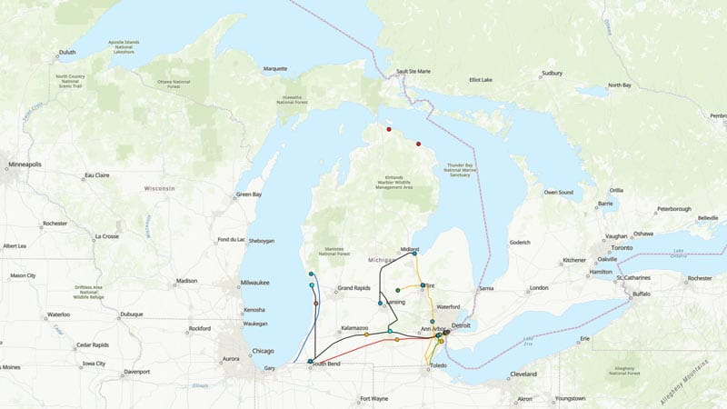 A map of pipelines used to carry refined petroleum products throughout Michigan
