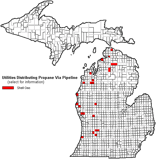 Map of areas where utilities distribute propane via pipeline