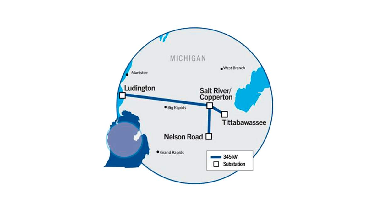 Map of Michigan showing the Ludington-Denver-Tittabawassee & Nelson Road 345 kV Transmission Line project