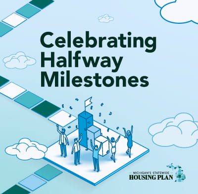 Board game style image depicting a milestone with "Celebrating Halfway Milestones" for the Statewide Housing Plan