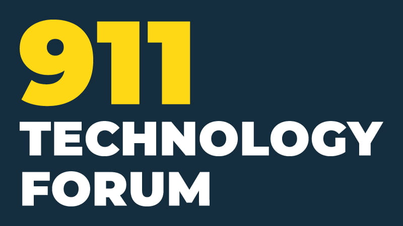 911 Technology Forum. White and yellow text on navy blue background. 