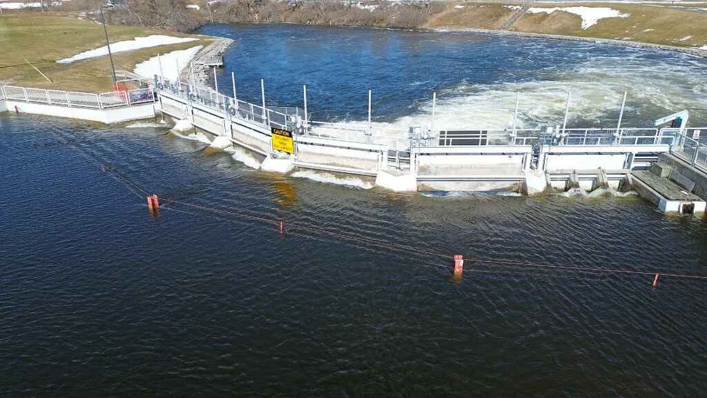 An aerial view of the Cheboygan Dam.