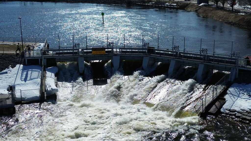 An aerial view of the Cheboygan Dam.