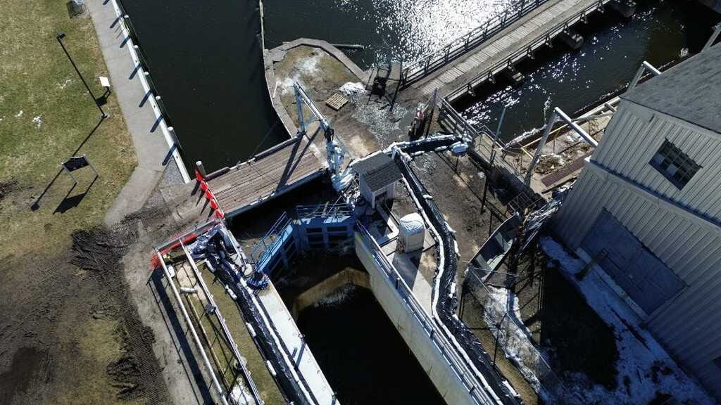 An aerial view of the Cheboygan Dam.