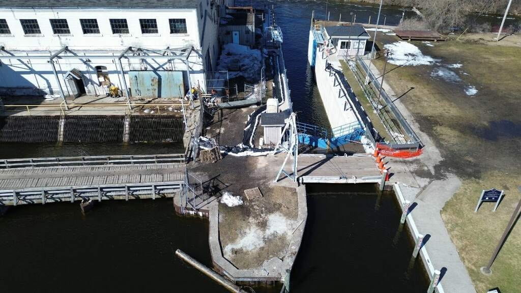 An aerial view of the Cheboygan Dam.