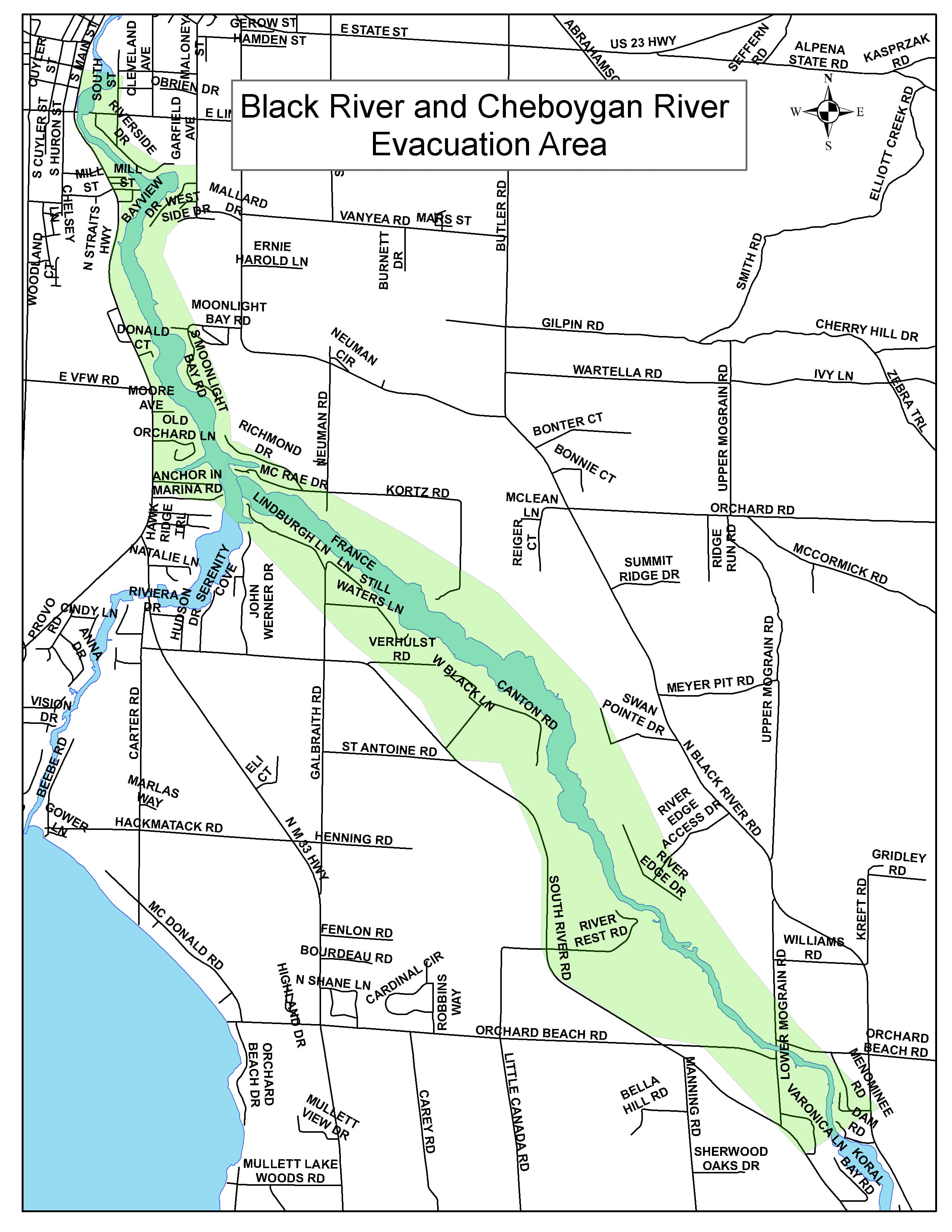 A map showing an evacuation area along the Black River.