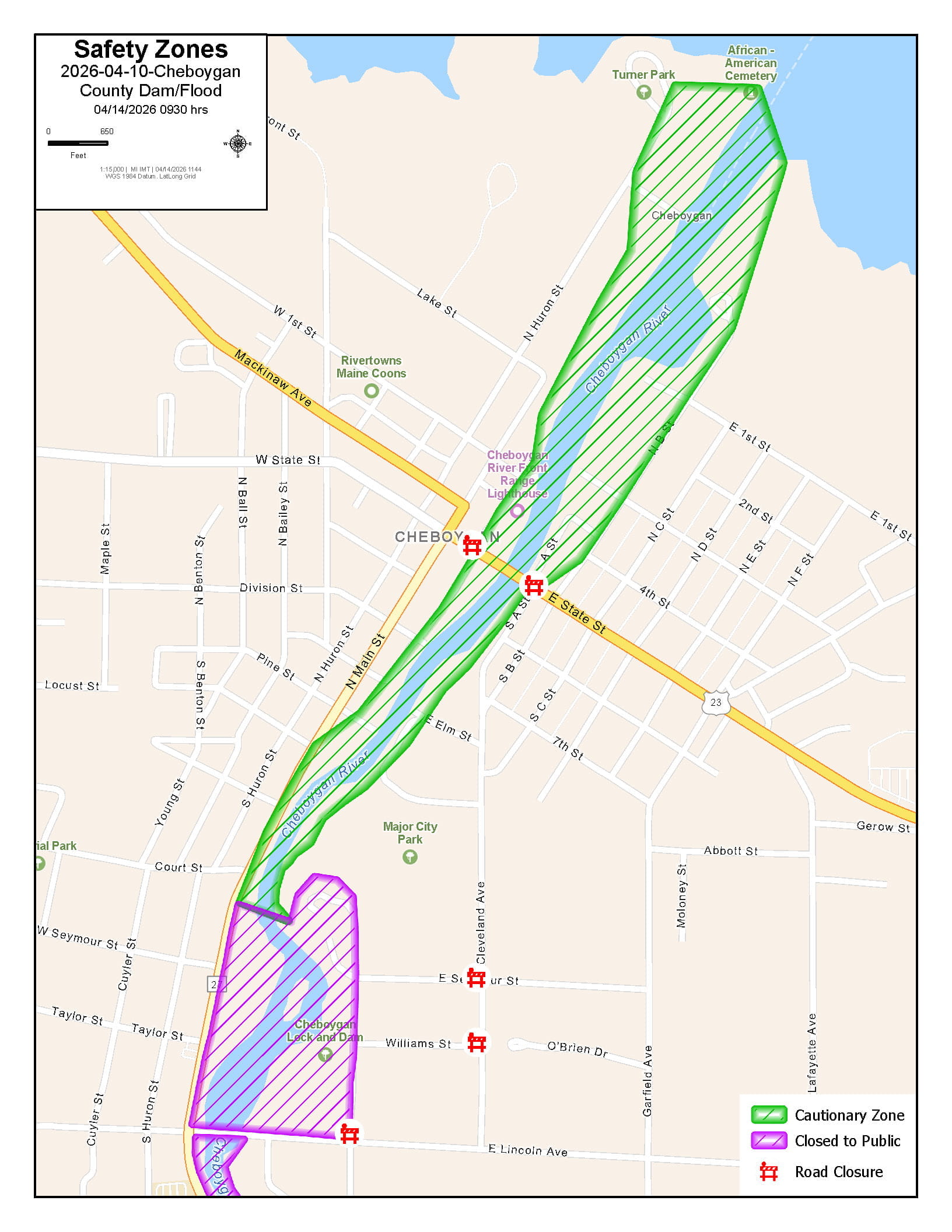A map showing flooding zones along the river in Cheboygan, MI.