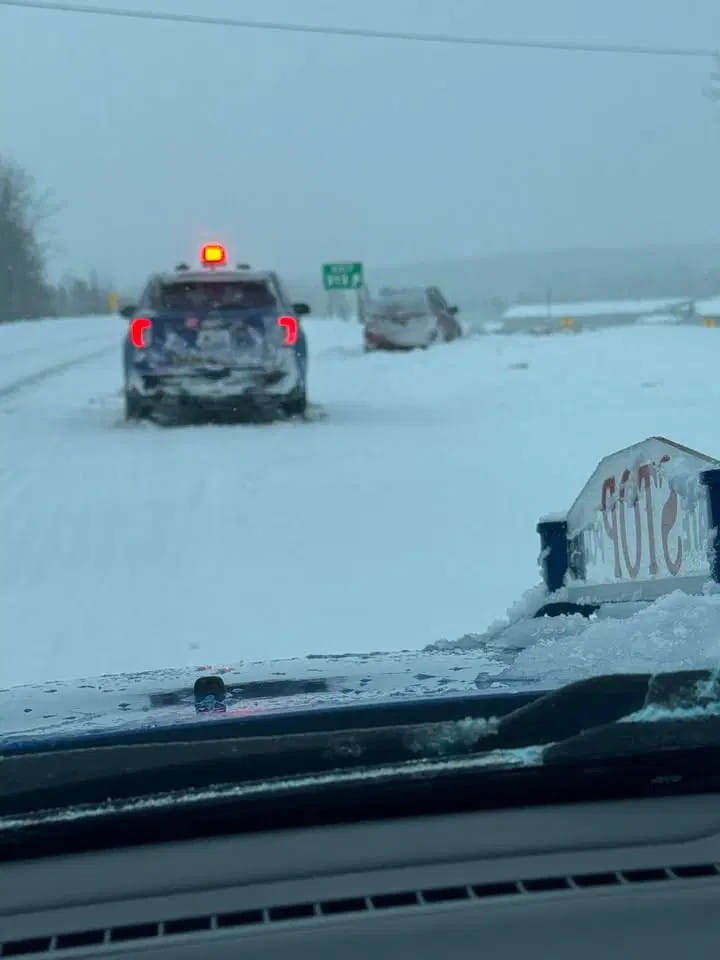 A Michigan State Police car next to another vehicle that has gone off the road in the snow. The roads are very snow-covered. 