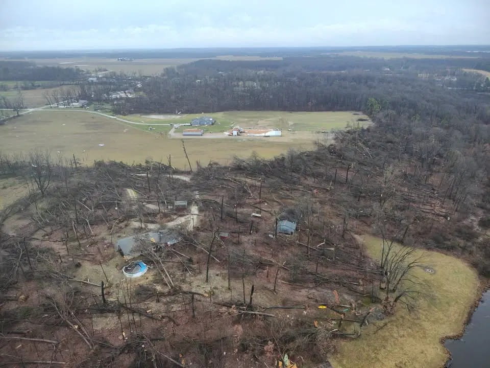 An aerial view of damaged trees and houses after a tornado.