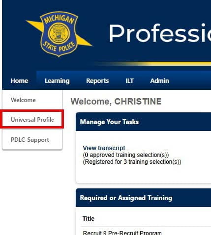 A screenshot of the PDLC home page with the "Home" tap expanded and a red box around "Universal Profile".