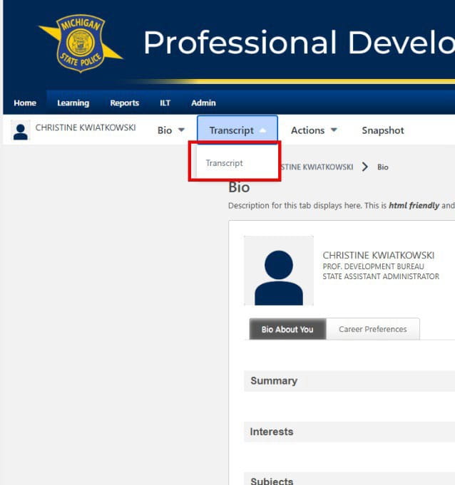 A screenshot of the PDLC Universal Profile page with the "Transcript" dropdown menu expanded and a red box around the "Transcript" button.