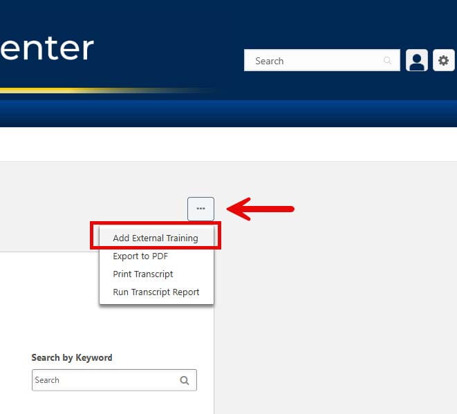 A screenshot of the PDLC website upper right corner with a red arrow pointing to an ellipses and open dropdown menu. A red box is around the "Add External Training" link in the dropdown menu.
