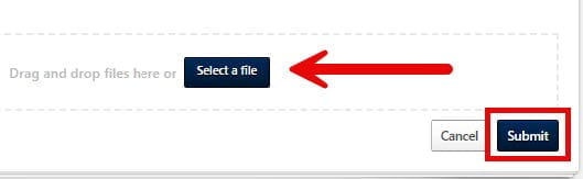 A screenshot of a portion of the PDLC website with a red arrow pointing to a "Select a file" button and a red box around a "Submit" button.